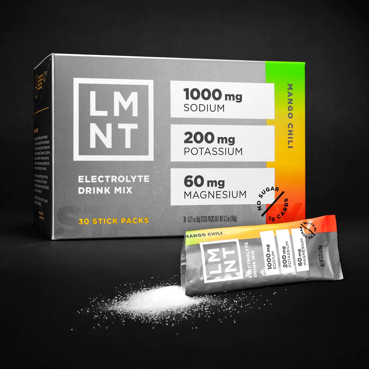 LMNT Electrolyte Drink Mix in Mango Chilli flavor with sodium, potassium, and magnesium