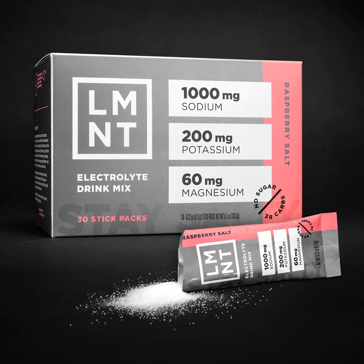 LMNT Electrolyte Drink Mix in Raspberry Salt flavor with sodium, potassium, and magnesium