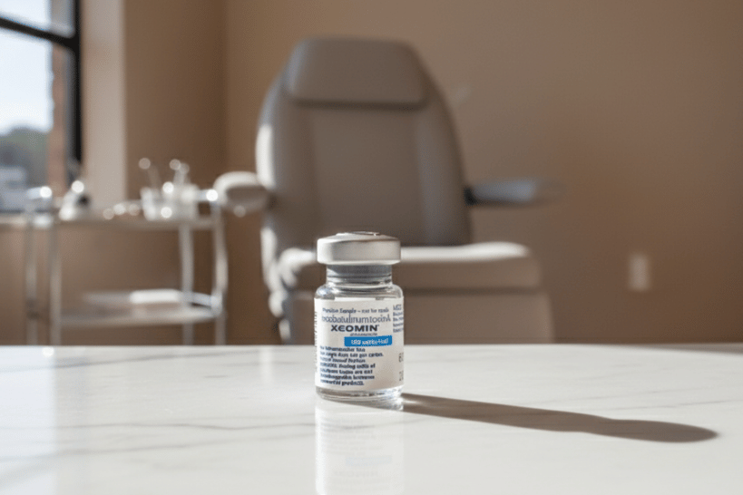 Xeomin injectable bottle displayed on cosmetic clinic table