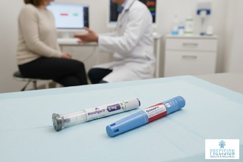 Semaglutide and tirzepatide displayed during weight loss consultation